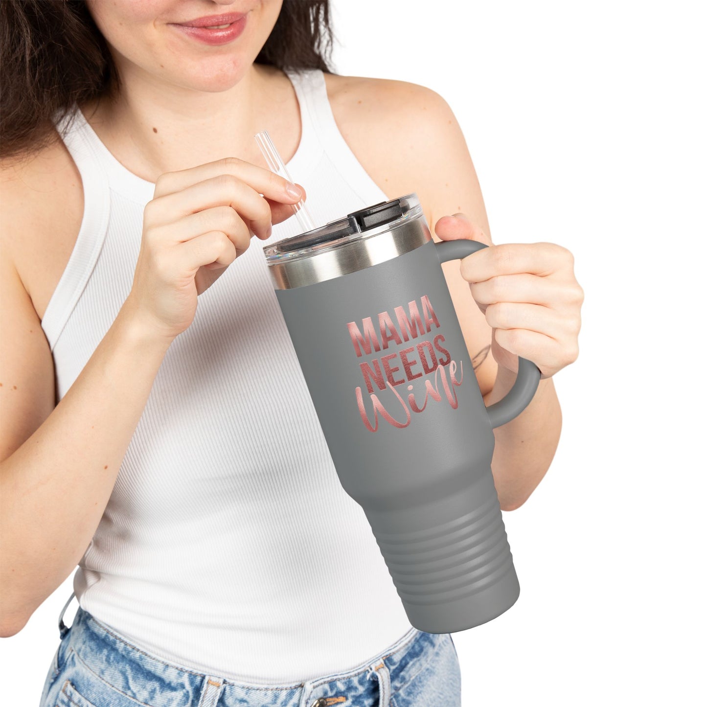 Mama Needs Wine Tumbler with Handle, 40oz Insulated Travel Cup