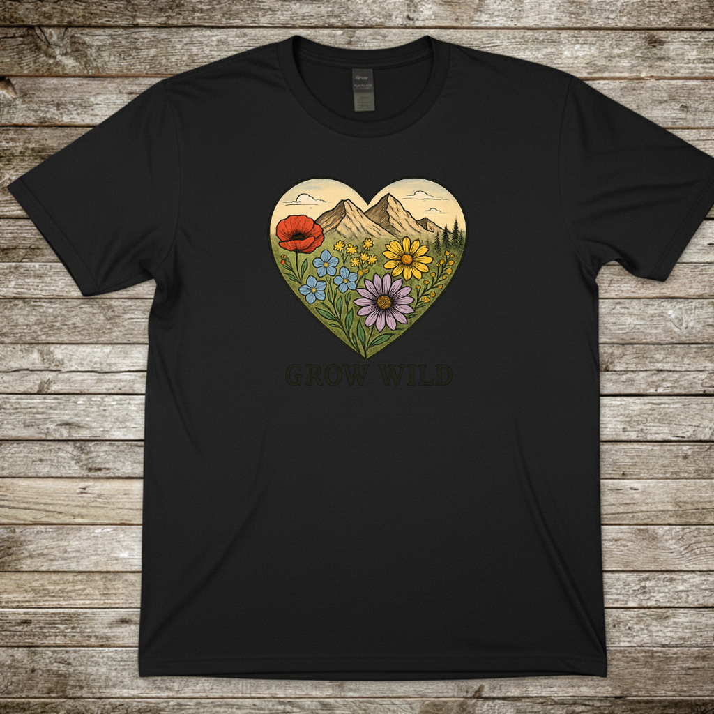 Printify T-Shirt Black / S Grow Wild Floral Heart T-Shirt Grow Wild Floral Heart T-Shirt