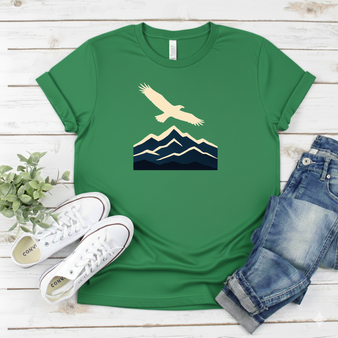 Printify T-Shirt Military Green / S Soaring Bird Over Peaks Graphic Soaring Bird Over Peaks Graphic