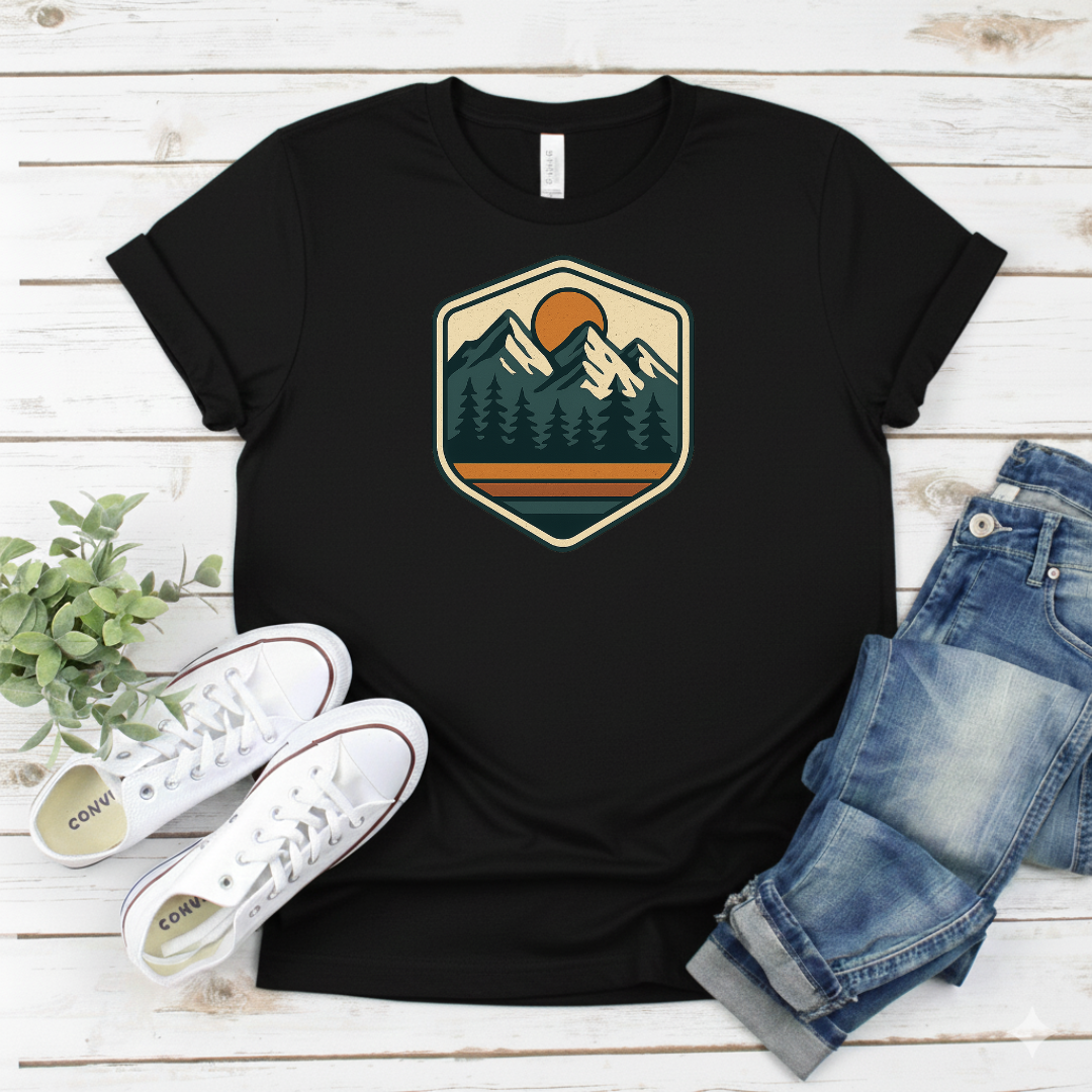 Printify T-Shirt Mountain Sunrise Badge T-Shirt Mountain Sunrise Badge T-Shirt