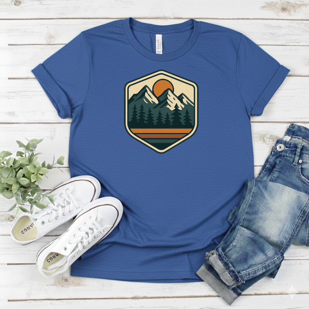 Printify T-Shirt Mountain Sunrise Badge T-Shirt Mountain Sunrise Badge T-Shirt