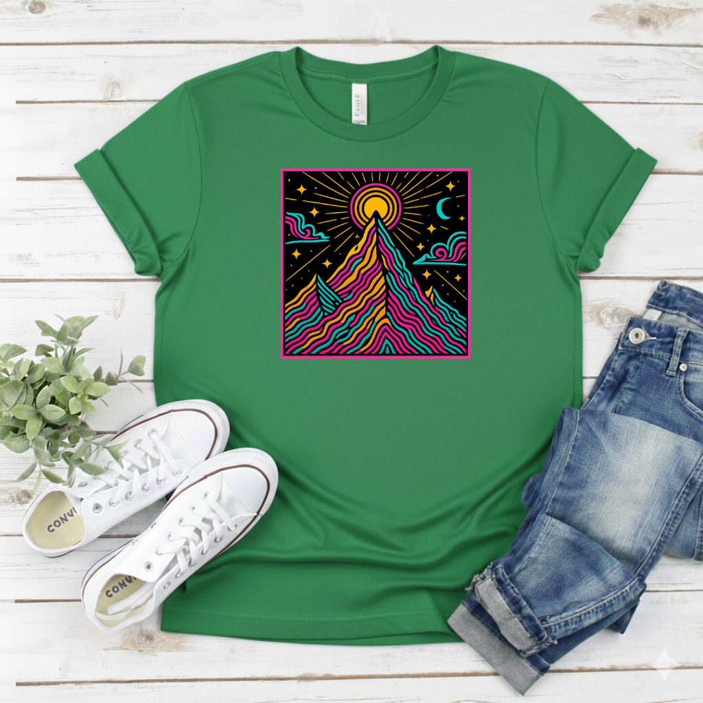 Printify T-Shirt Neon Psychedelic Mountain Sunrise Neon Psychedelic Mountain Sunrise