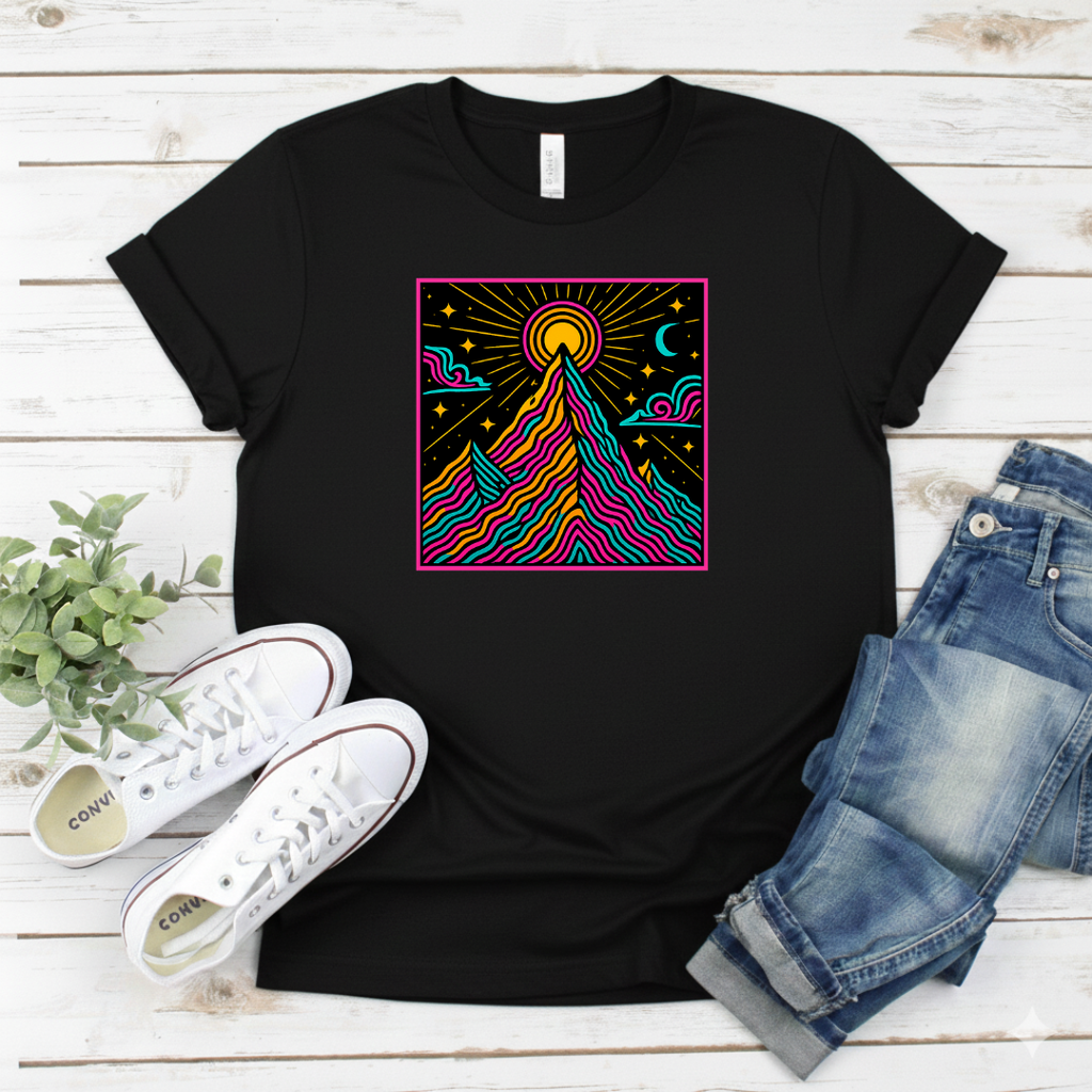 Printify T-Shirt Neon Psychedelic Mountain Sunrise Neon Psychedelic Mountain Sunrise