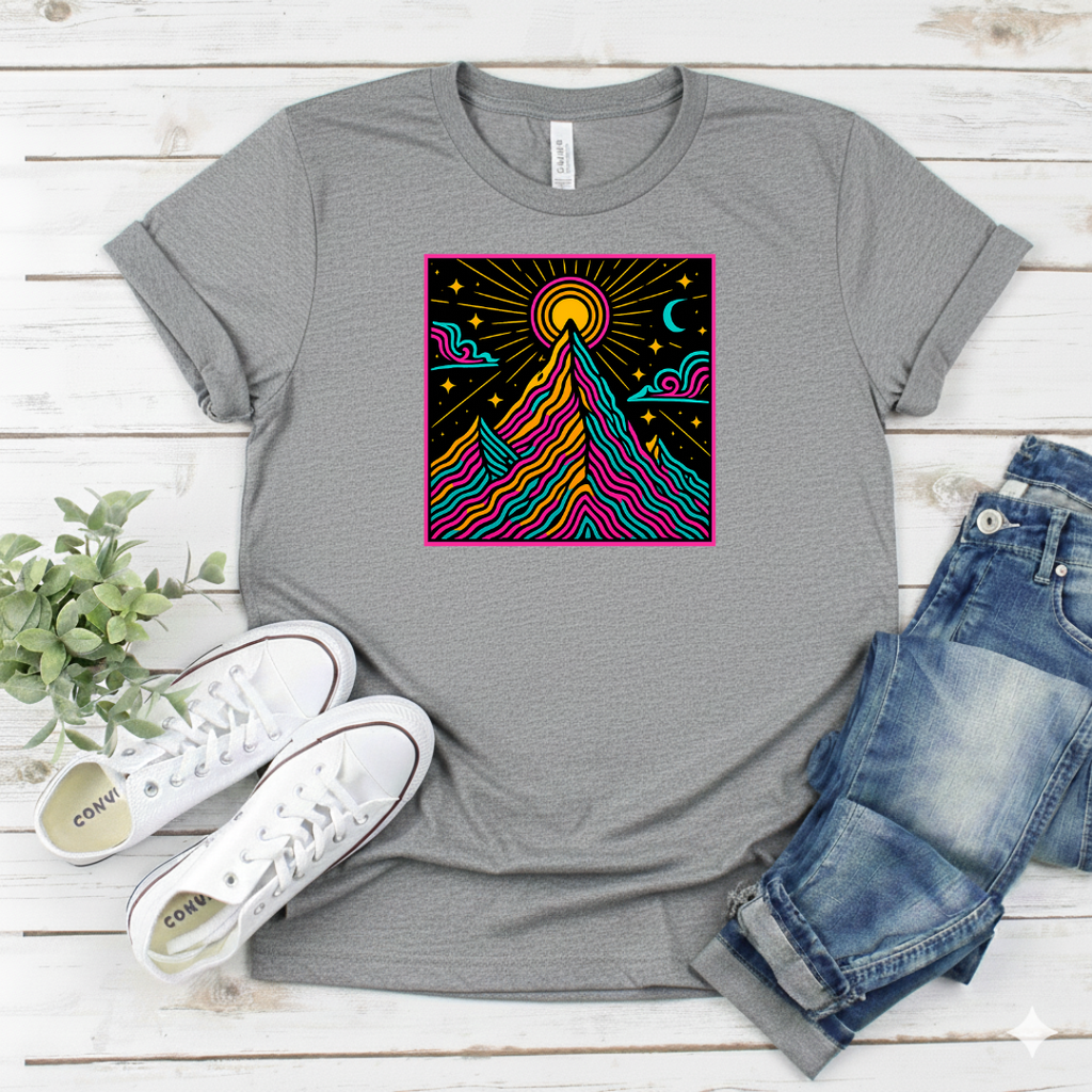 Printify T-Shirt Neon Psychedelic Mountain Sunrise Neon Psychedelic Mountain Sunrise