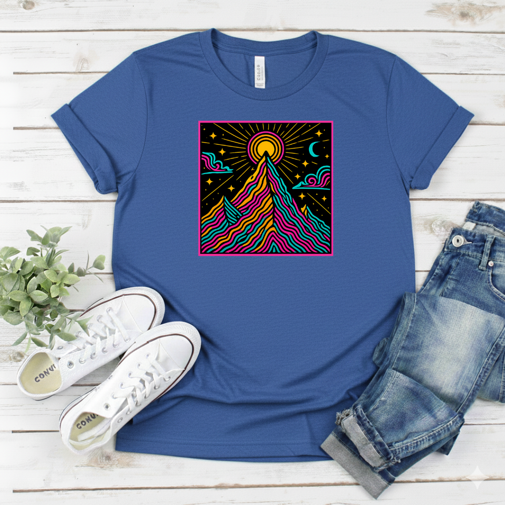 Printify T-Shirt Neon Psychedelic Mountain Sunrise Neon Psychedelic Mountain Sunrise